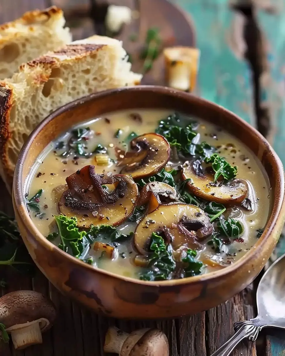 Wild Mushroom Soup: Indulgent Caramelized Onion and Kale Delight