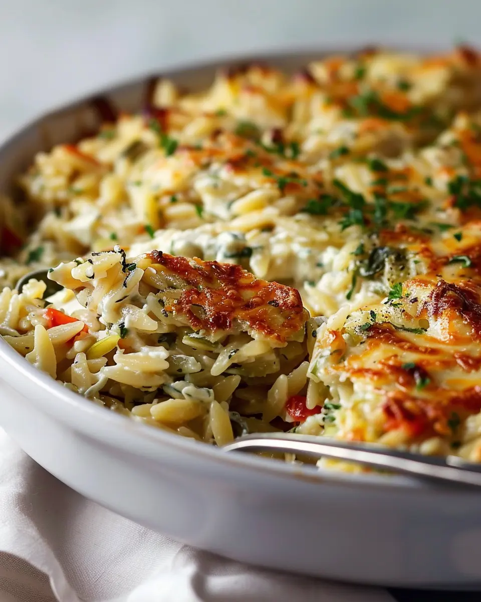 Easy Boursin Orzo Bake with Turkey Bacon and Chicken Ham Delight