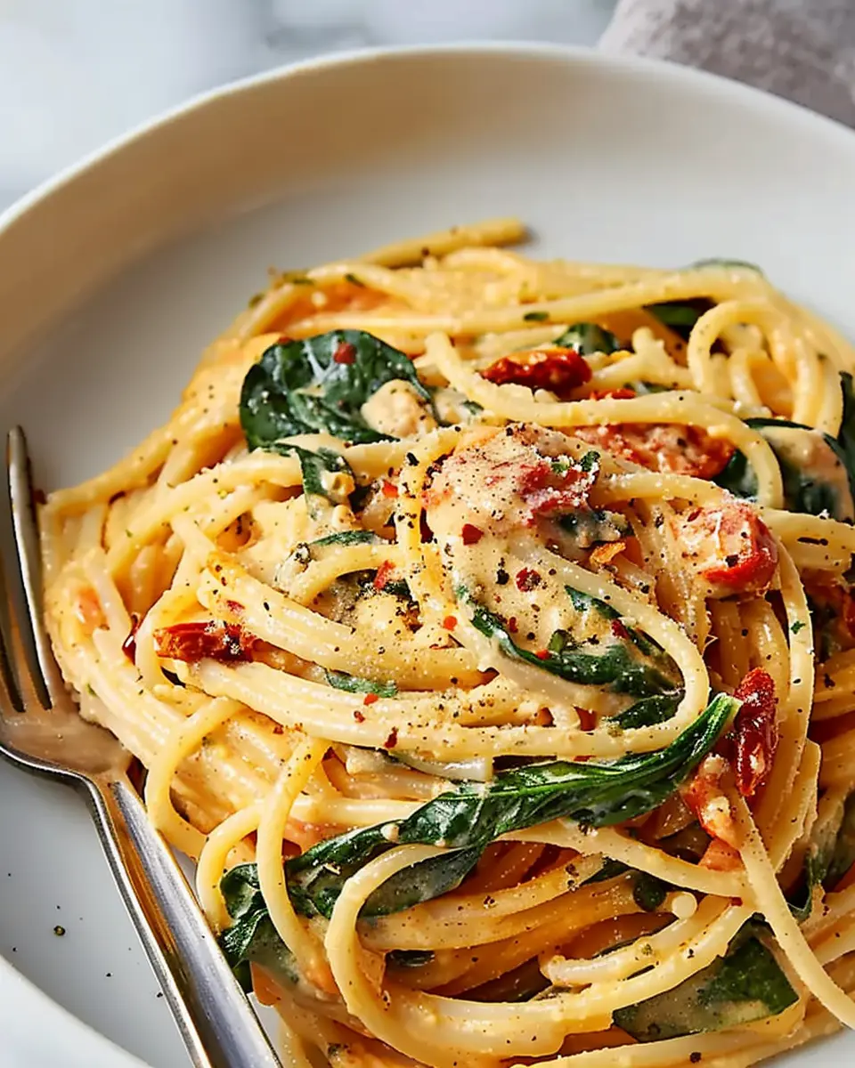 Spaghetti and Spinach with Creamy Sun-Dried Tomato Sauce Delight
