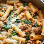 Creamy Sausage Rigatoni with Spinach, Garlic, and Tomato Cream Sauce (One-Pan, 30-Minute recipe)